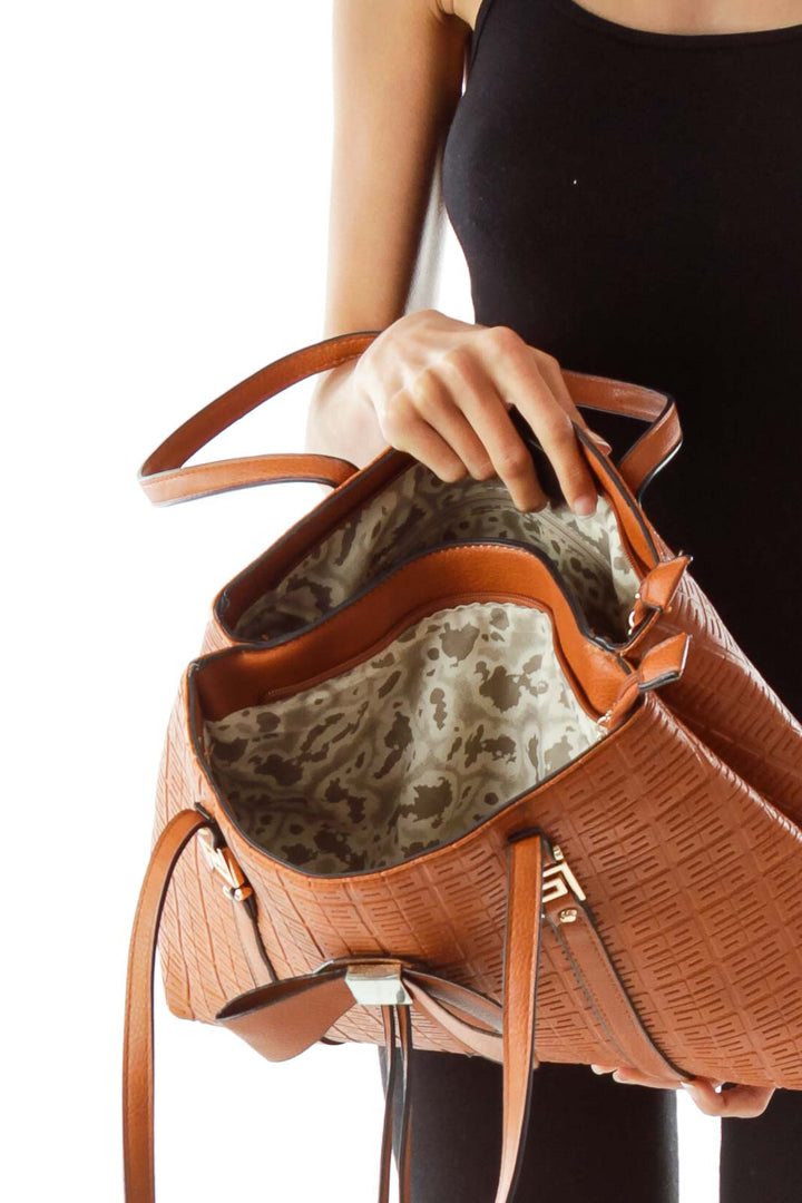 Brown Embossed Shoulder Bag w/ Bow