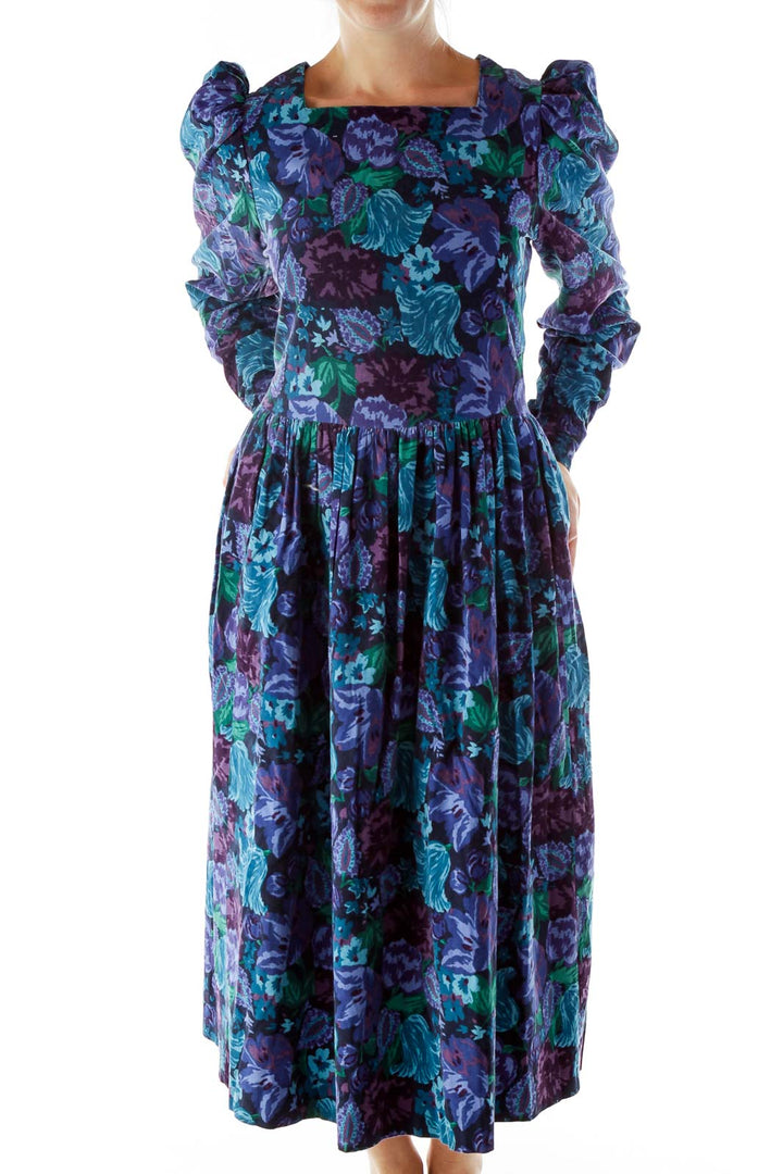 Purple Blue Flower Puffy Dress