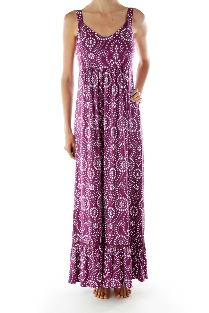 Purple White Print Maxi Dress