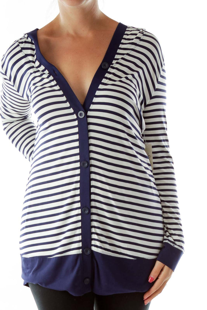 Navy White Stripe Hooded Top