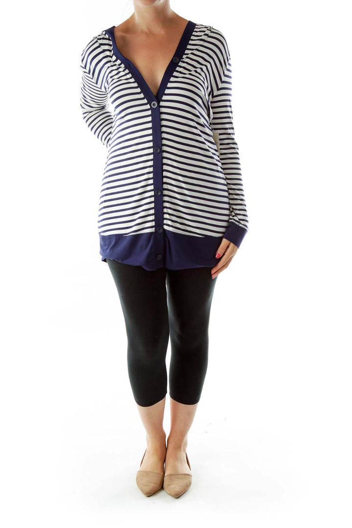 Navy White Stripe Hooded Top