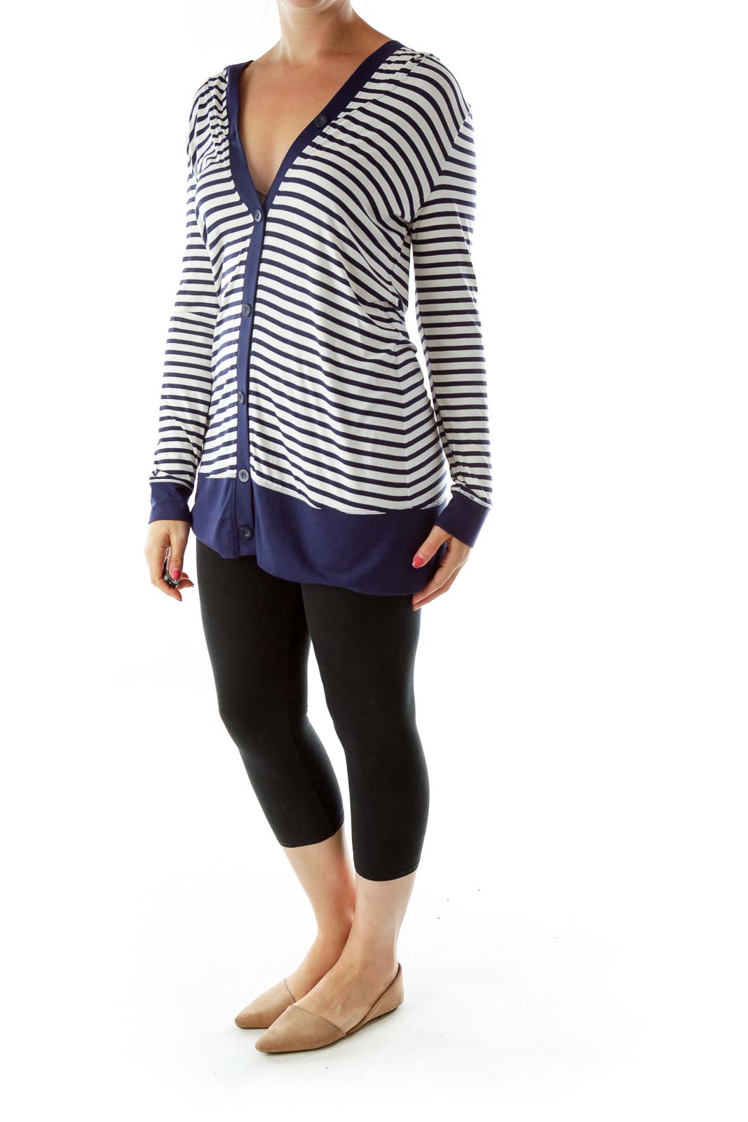 Navy White Stripe Hooded Top