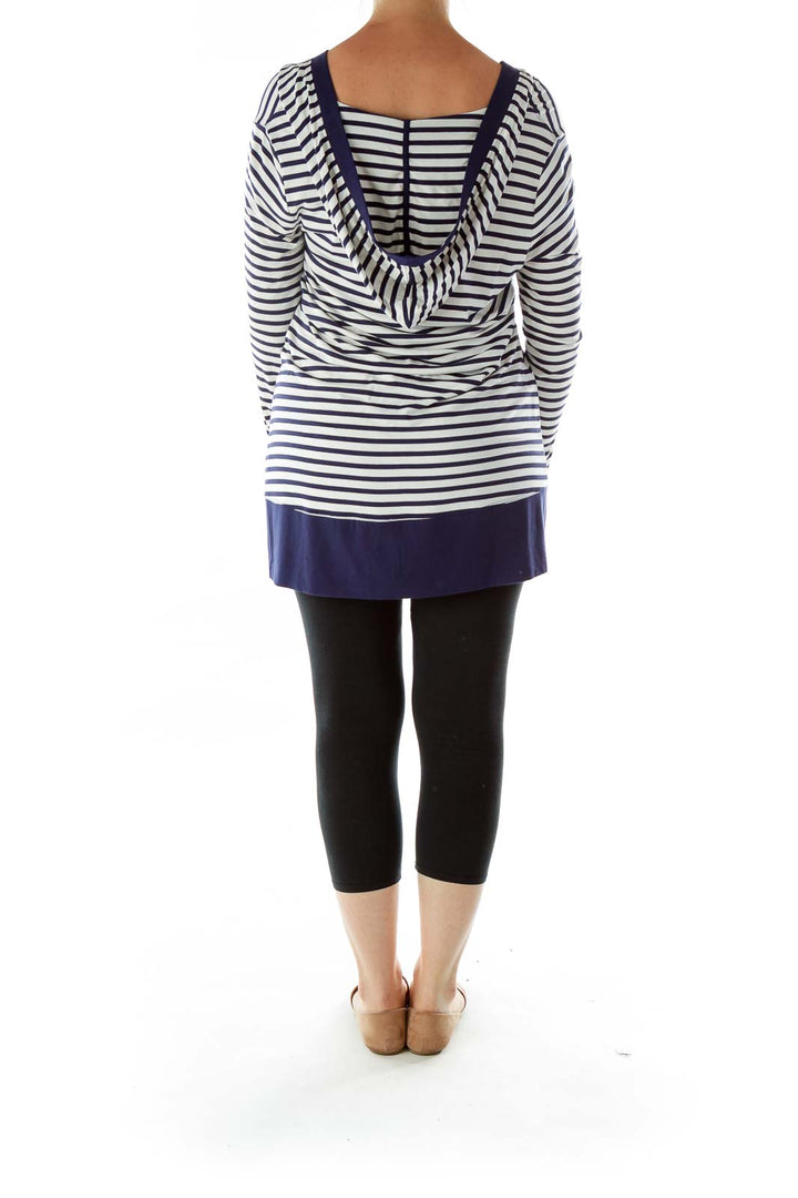 Navy White Stripe Hooded Top