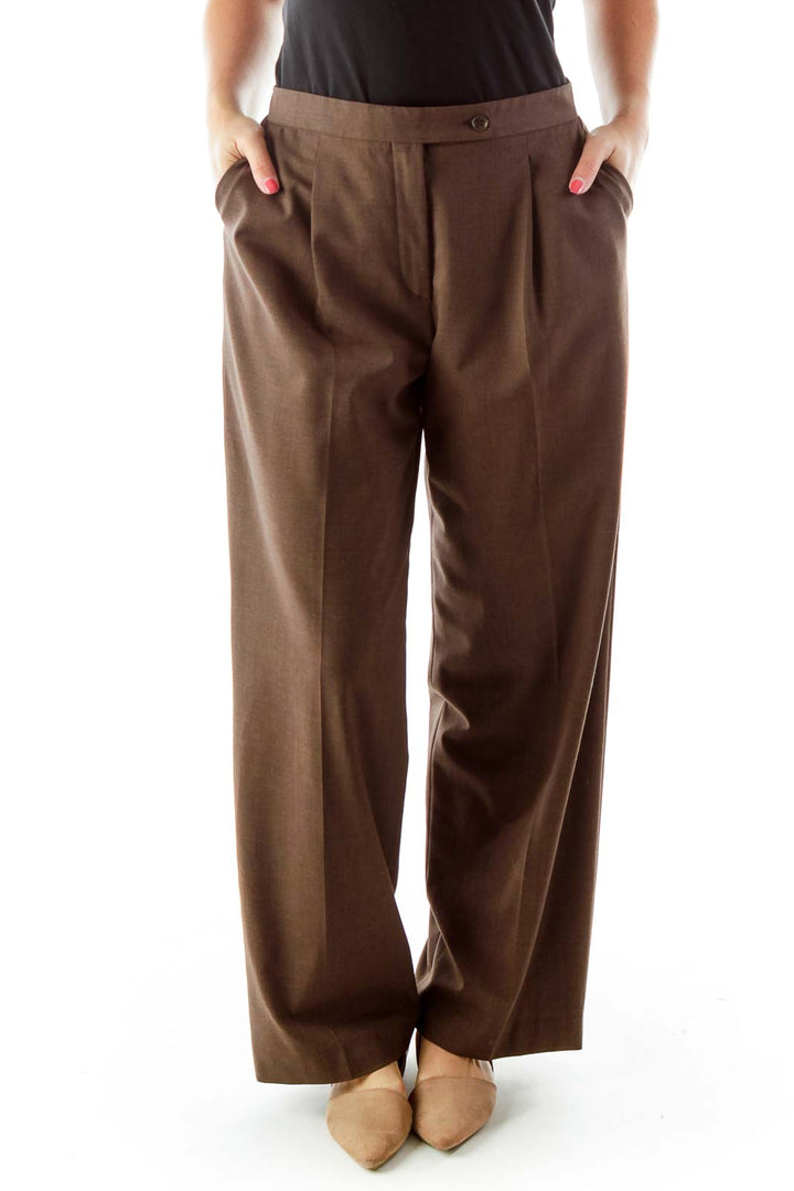 Brown Fitted Pocketed Suit Pants