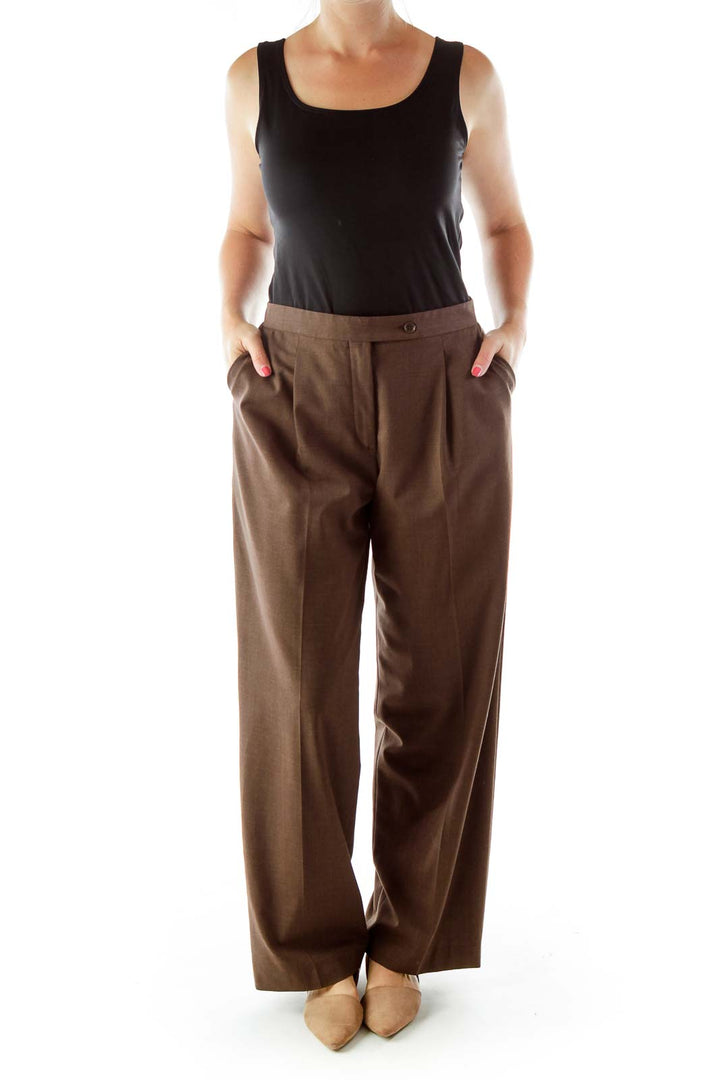 Brown Fitted Pocketed Suit Pants