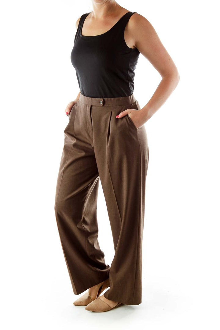 Brown Fitted Pocketed Suit Pants