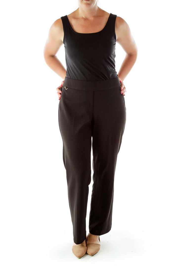 Black Elastic Waist Straight Fit Pants