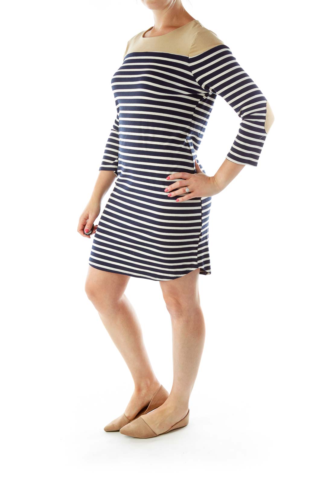 Navy Cream Beige Striped Dress