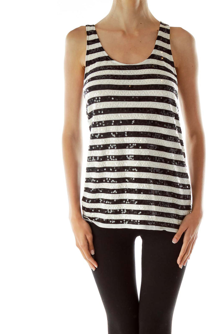 Black White Striped Sequined Tank Top