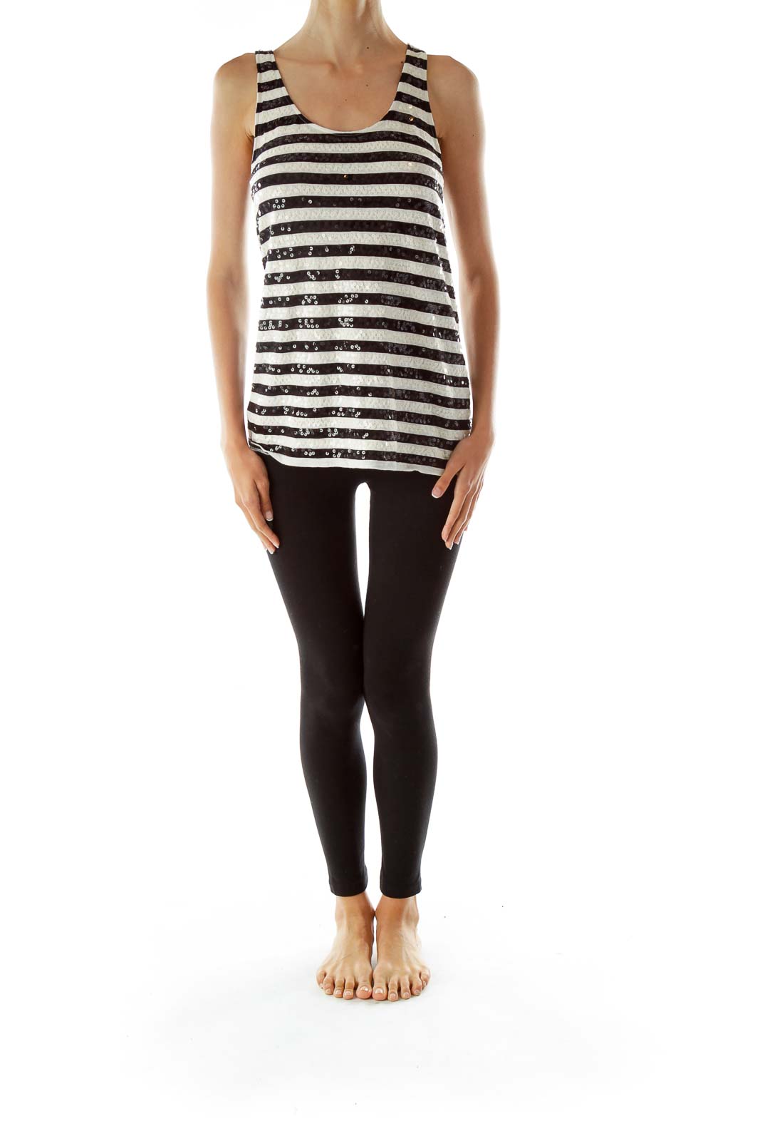 Black White Striped Sequined Tank Top