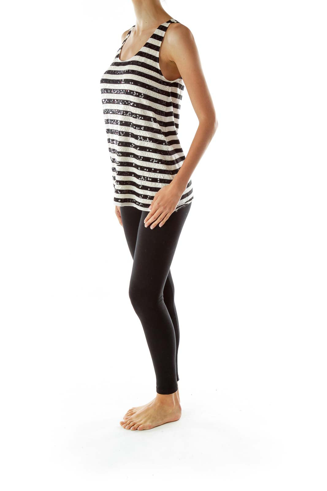 Black White Striped Sequined Tank Top