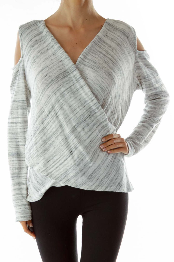 Gray White Wrap Top w/ Slitted Shoulders