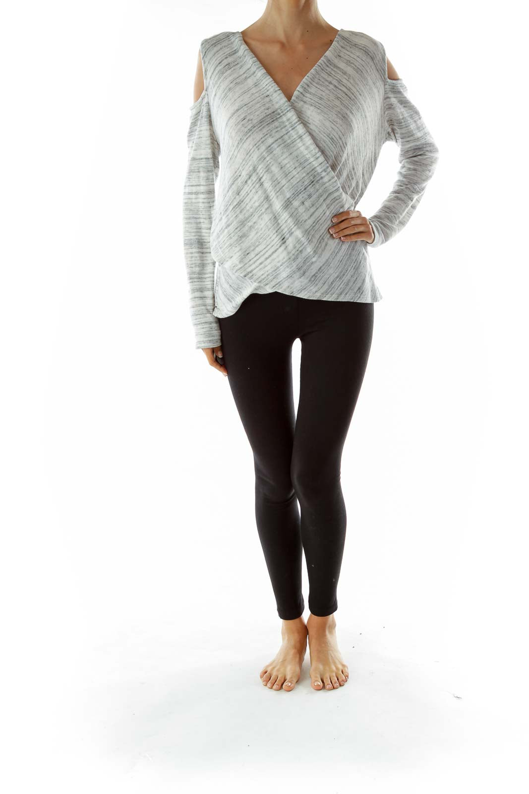 Gray White Wrap Top w/ Slitted Shoulders