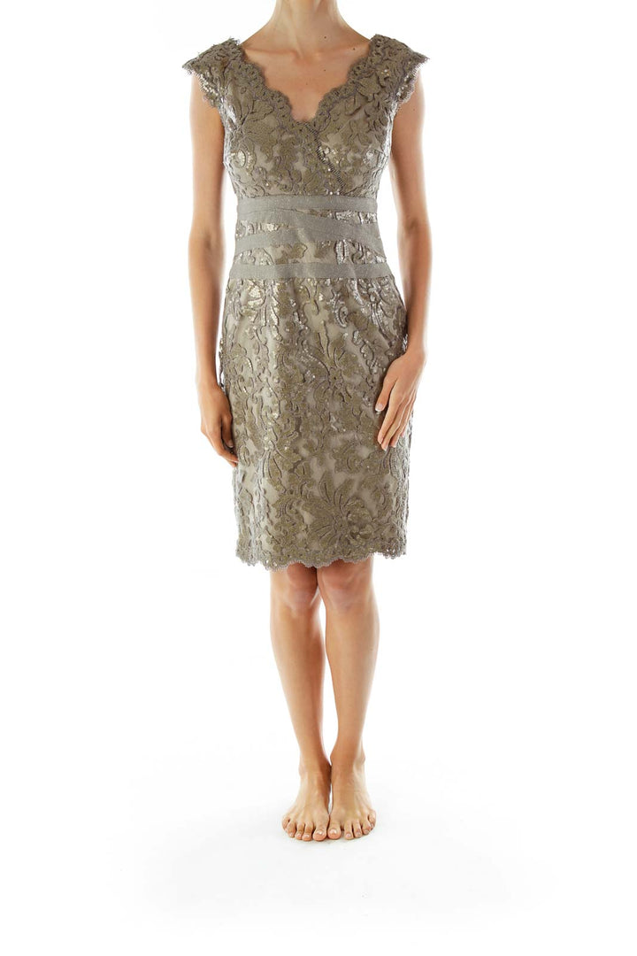 Gray Sequined Embroidered Cocktail Dress