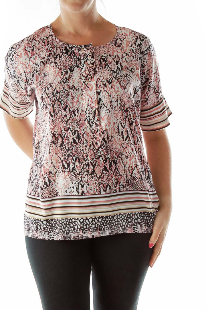 Pink White Black Print Blouse