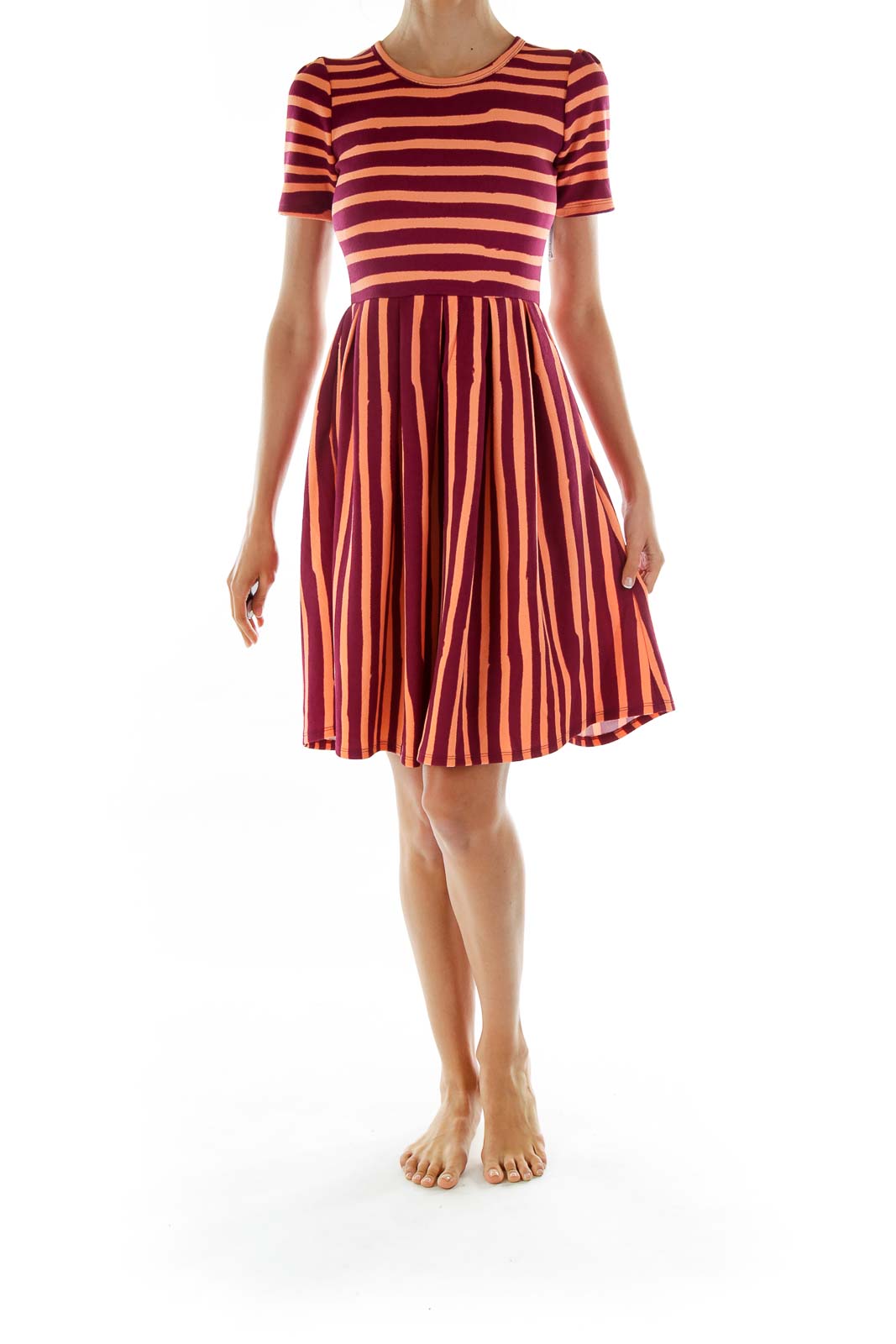 Maroon Orange Striped Day Dress