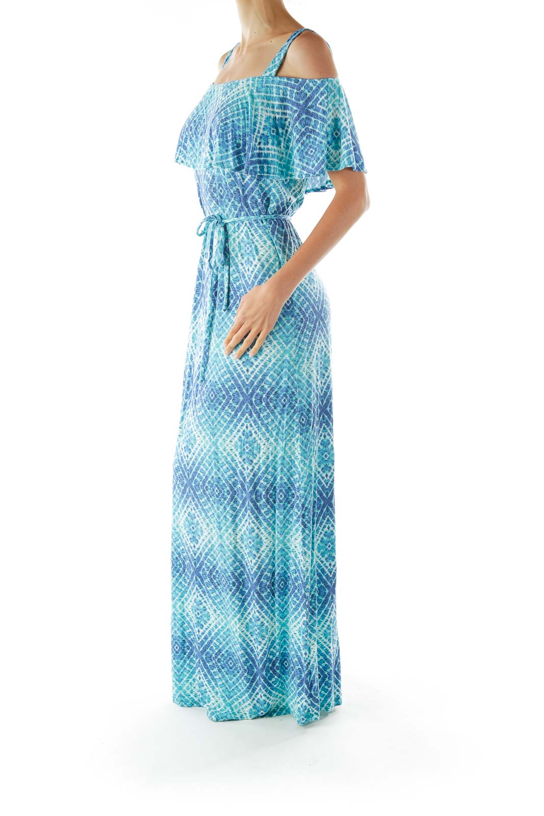 Blue White Tie Dye Cold Shoulder Day Dress