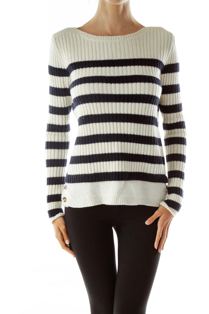 Navy White Buttoned Merino Wool Sweater