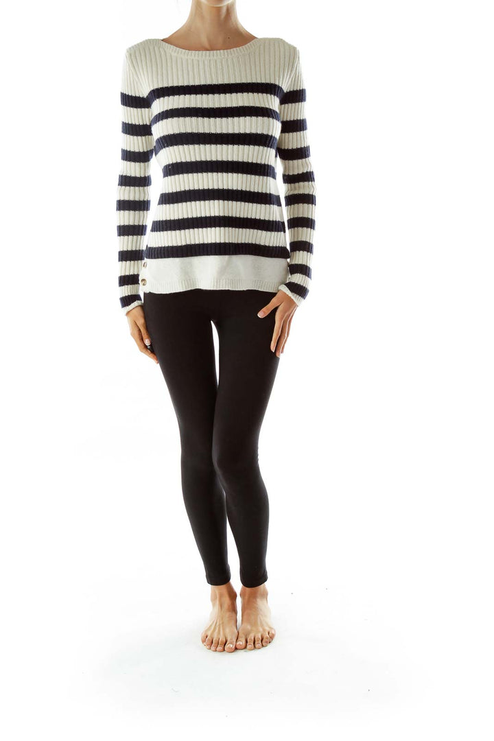 Navy White Buttoned Merino Wool Sweater