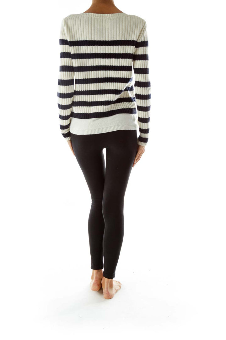 Navy White Buttoned Merino Wool Sweater