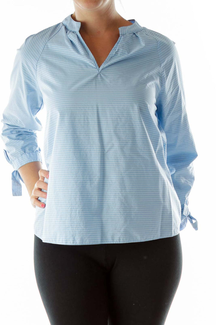 Blue White Striped V-Neck Blouse