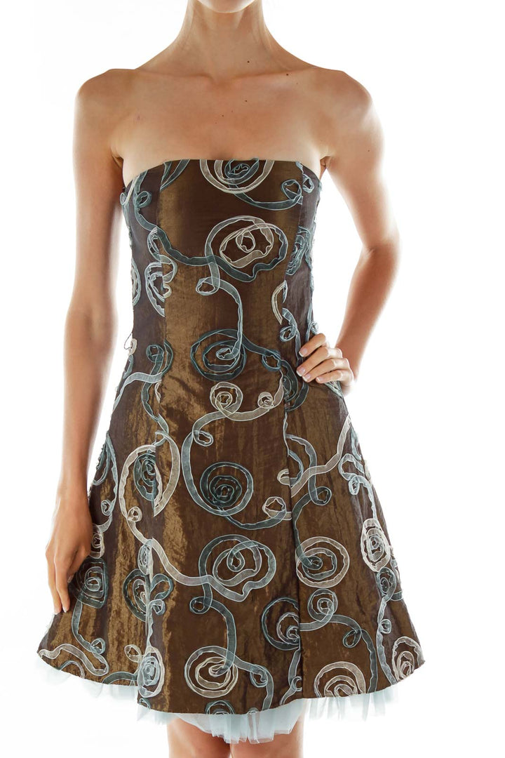 Brown Strapless Dress w/ Blue Tulle