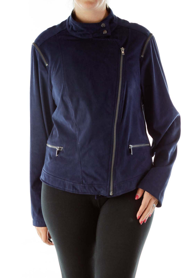 Blue Faux Suede Zippered Bomber Jacket