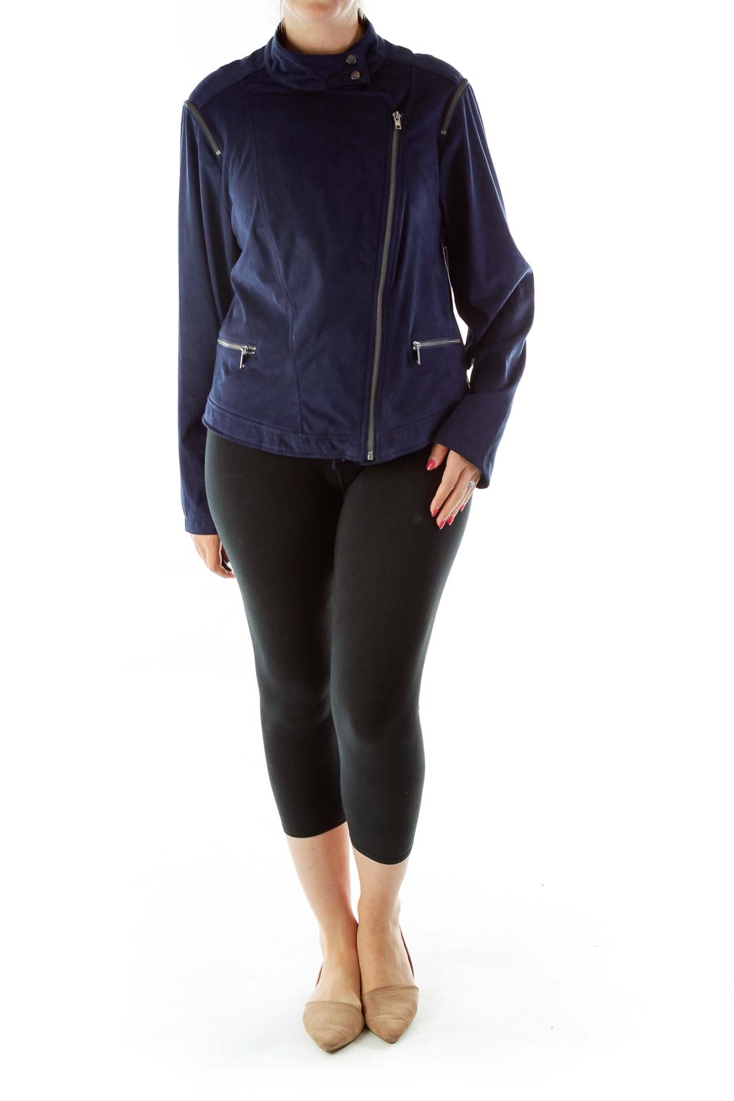 Blue Faux Suede Zippered Bomber Jacket