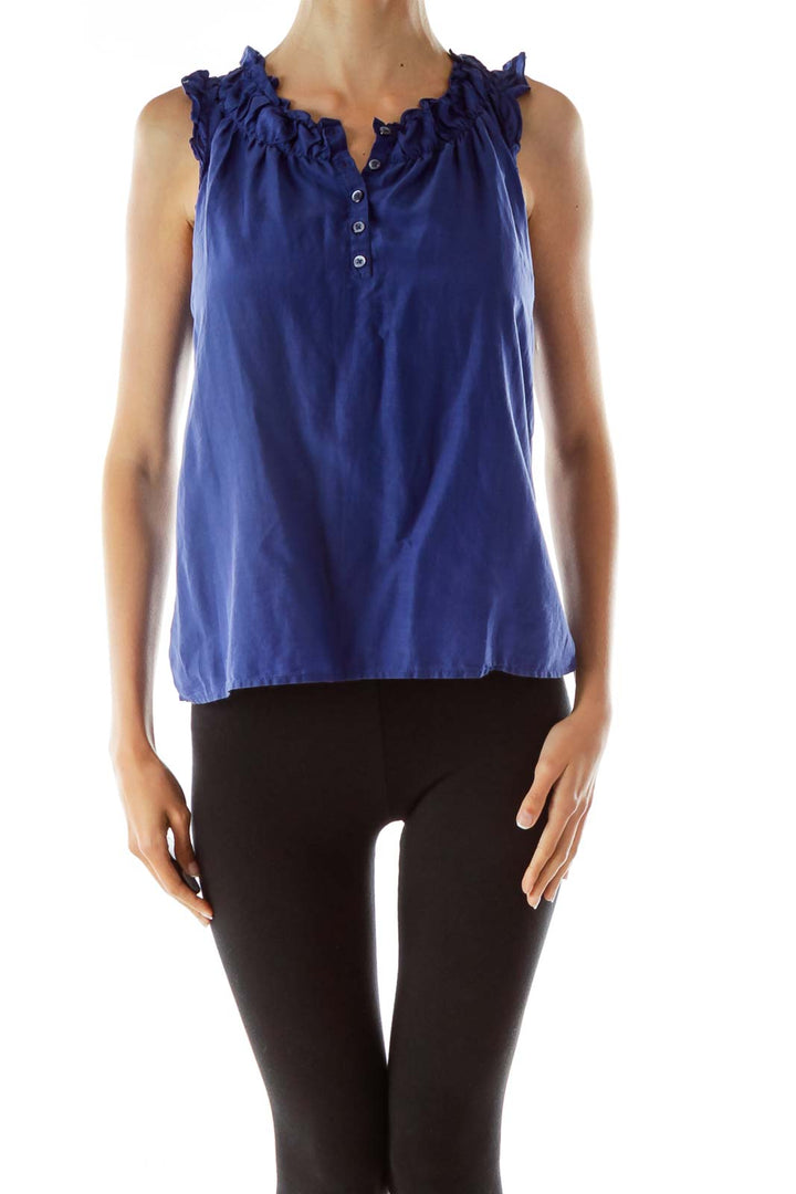 Blue Buttoned Scrunched Loose Tank Top