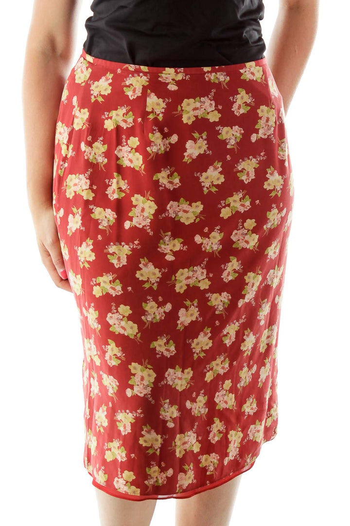 Red Yellow Flower Print A-Line Skirt