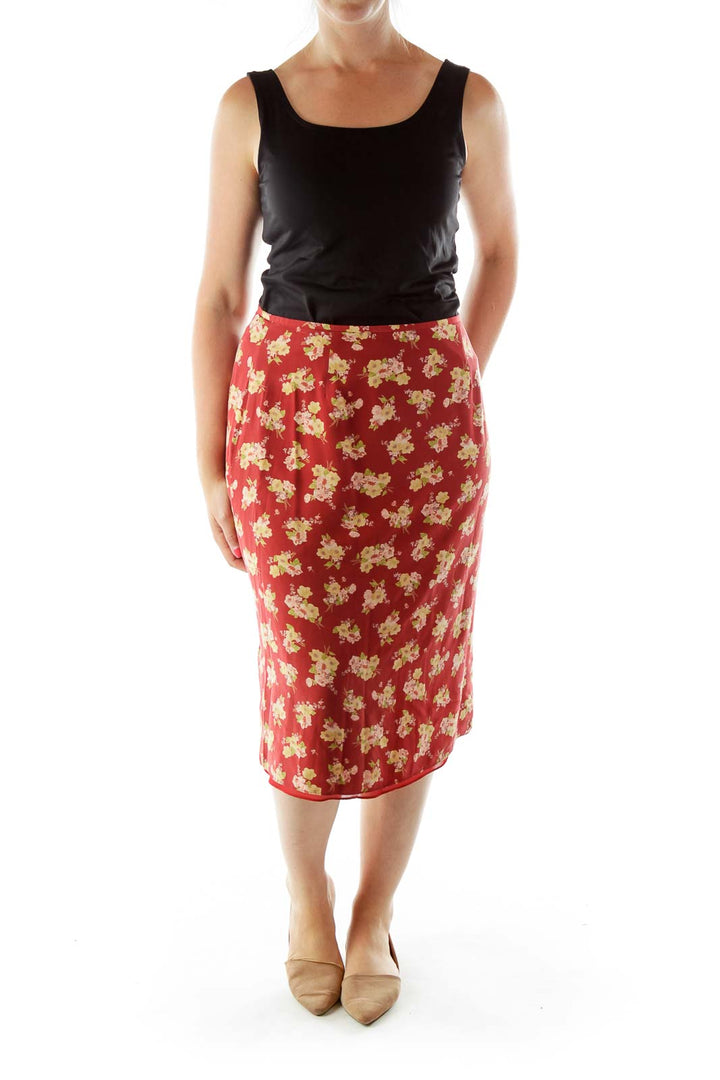 Red Yellow Flower Print A-Line Skirt