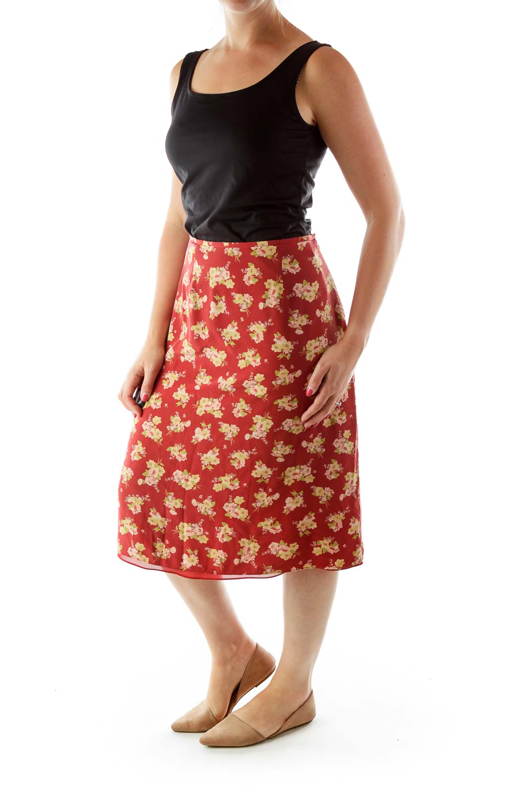 Red Yellow Flower Print A-Line Skirt