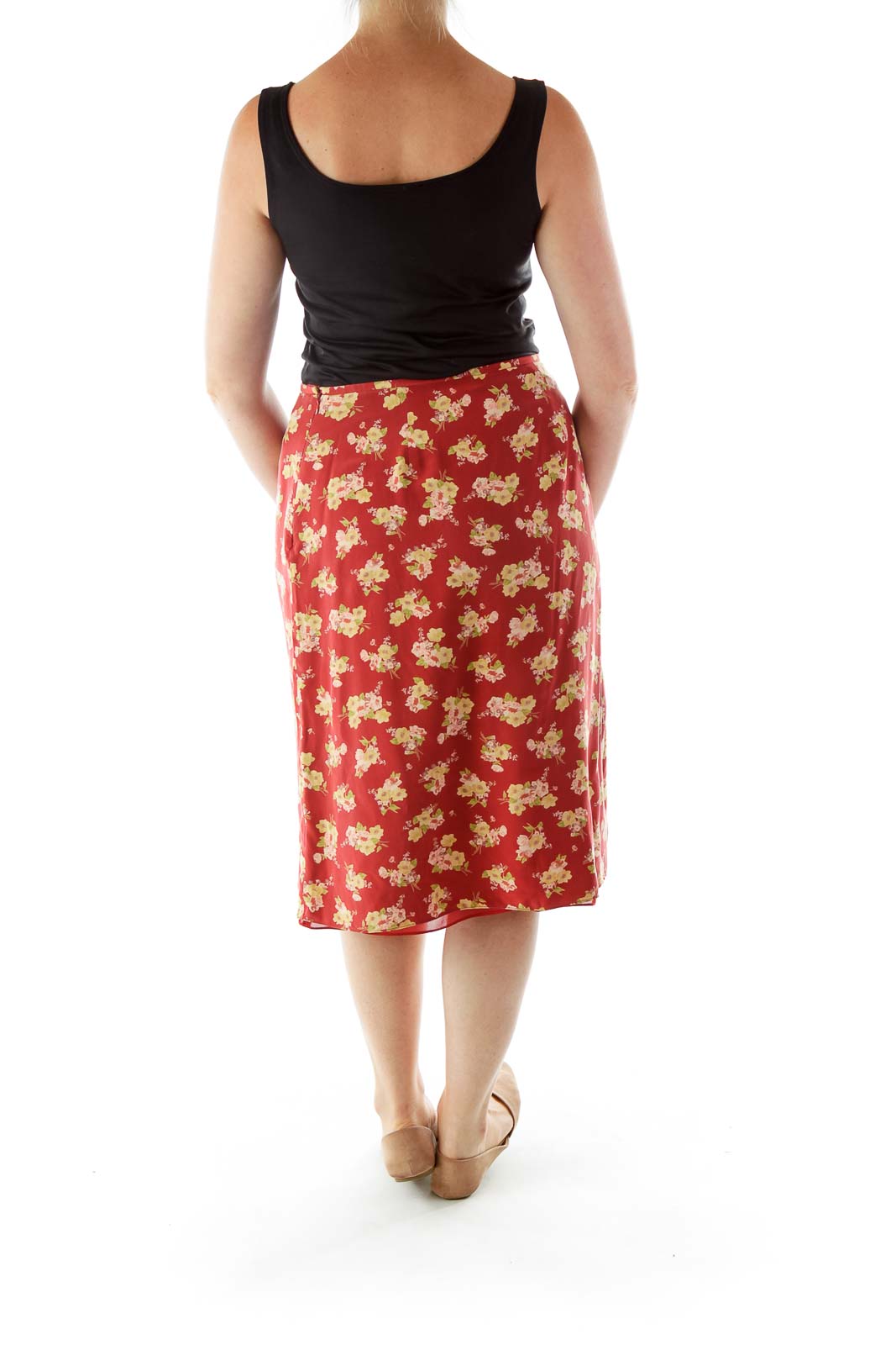 Red Yellow Flower Print A-Line Skirt