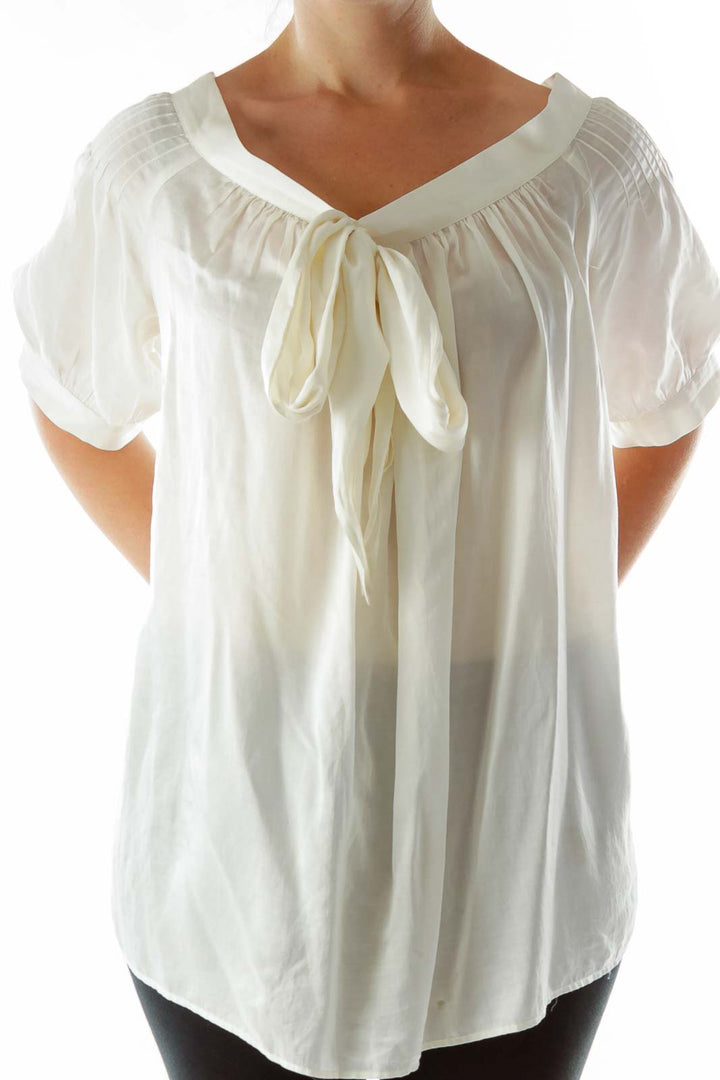 White Pleated Tie Blouse