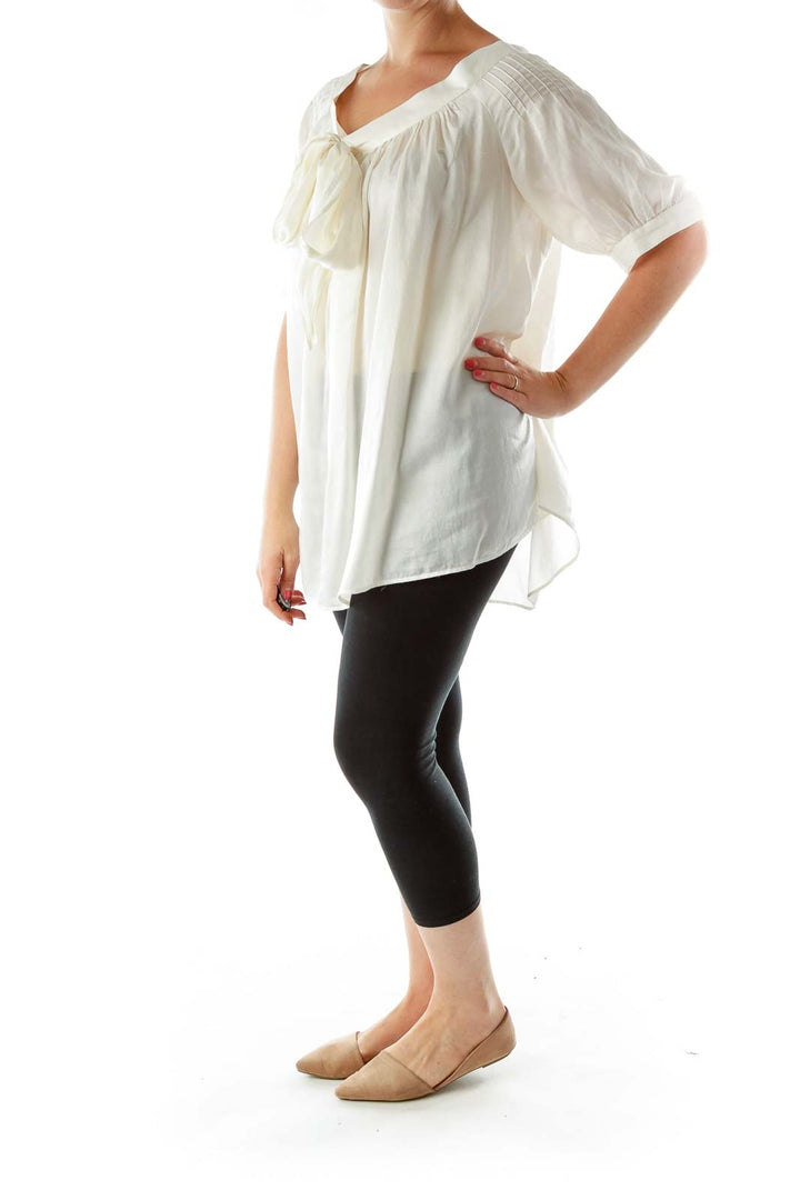 White Pleated Tie Blouse