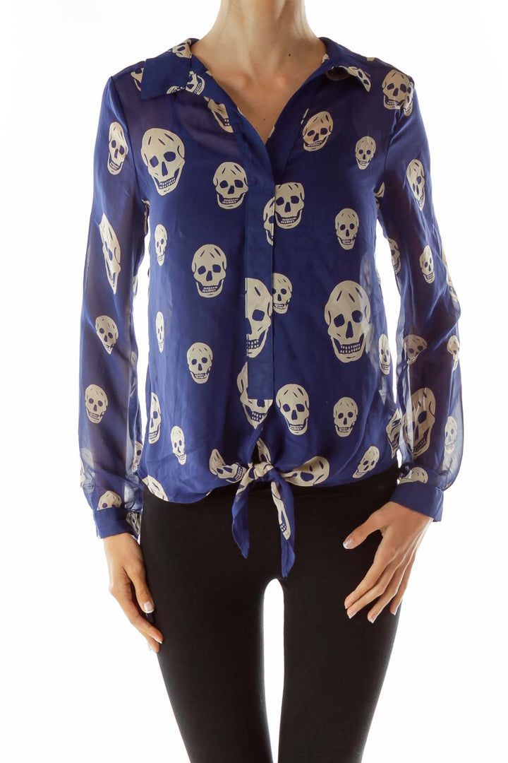 Blue Beige Skull Print Blouse