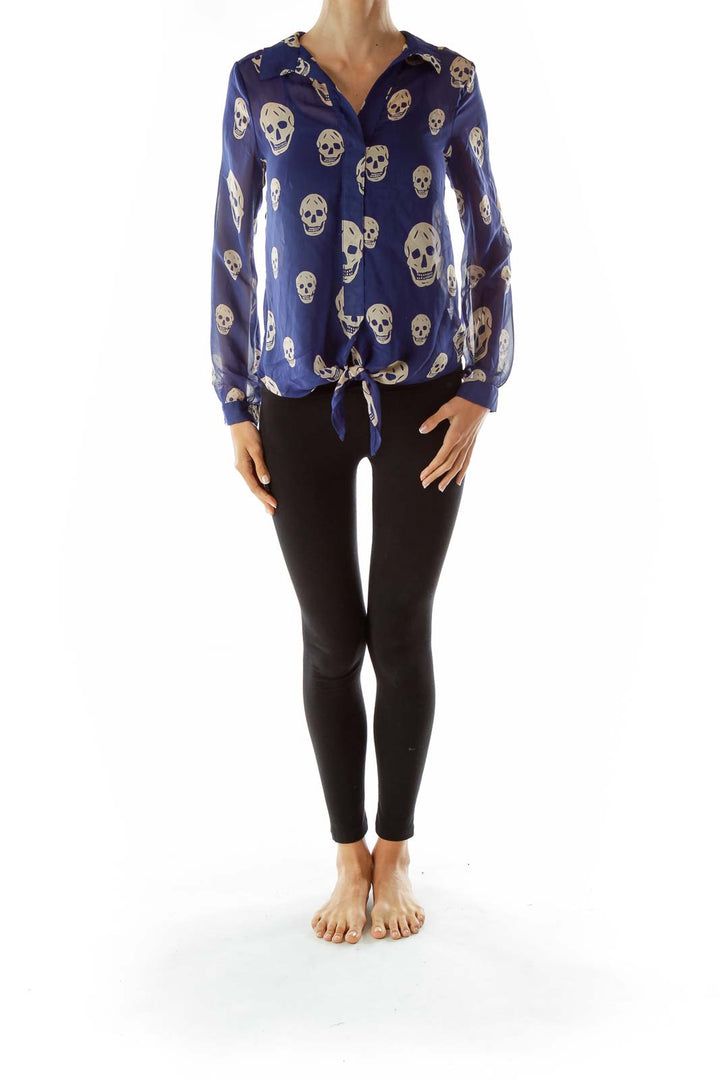 Blue Beige Skull Print Blouse