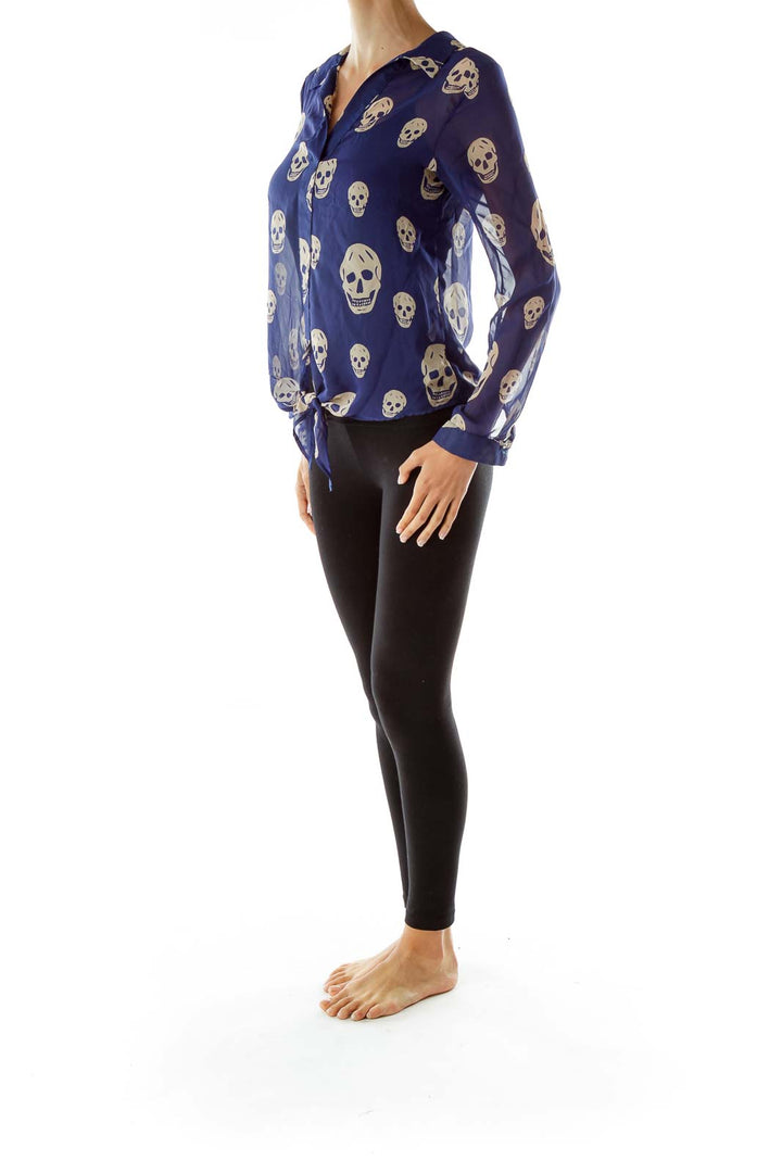 Blue Beige Skull Print Blouse