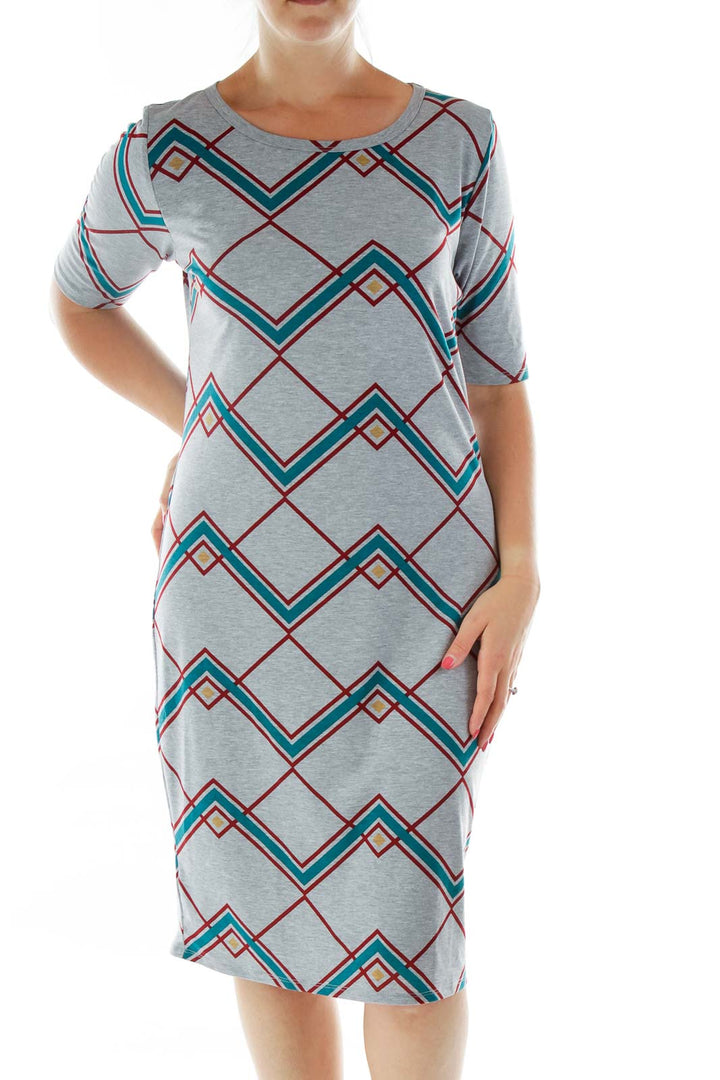 Gray Jersey-Knit Geometric Dress