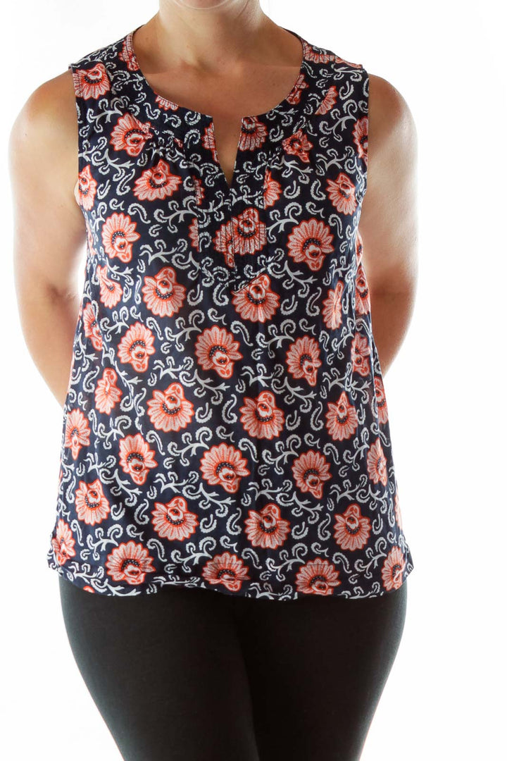 Navy Red Print Sleeveless Blouse