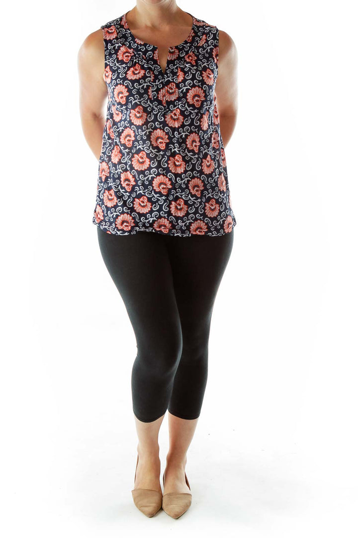 Navy Red Print Sleeveless Blouse