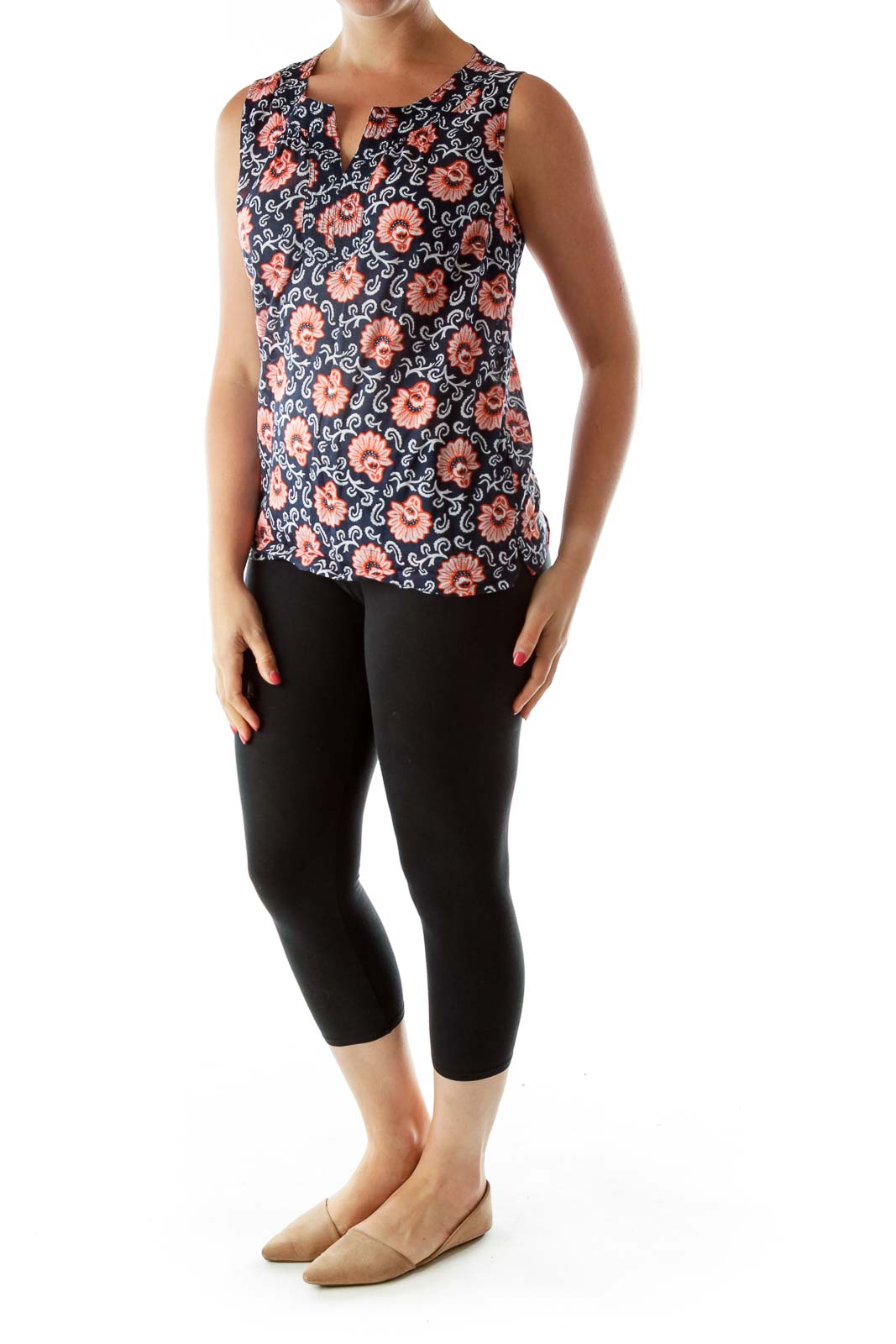 Navy Red Print Sleeveless Blouse