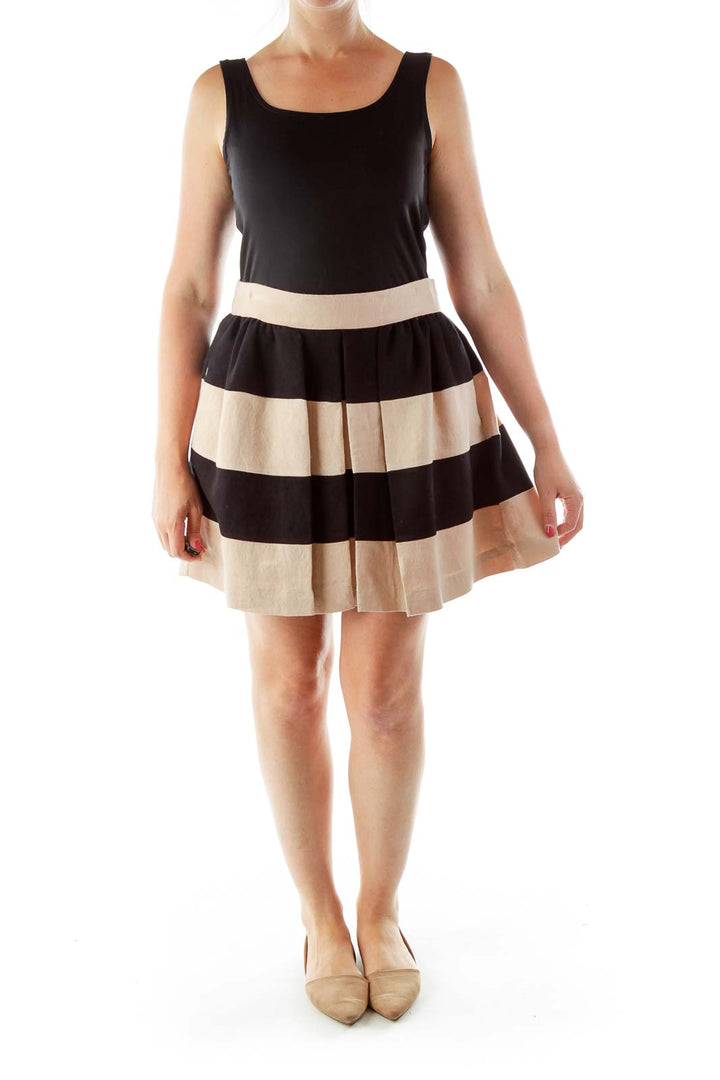 Pink Black Striped Pleated Skirt