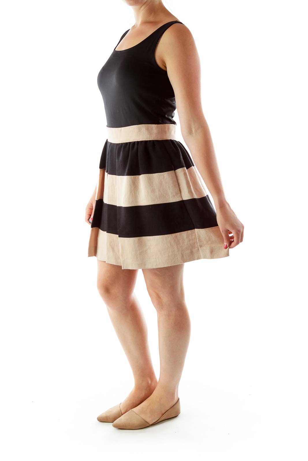 Pink Black Striped Pleated Skirt