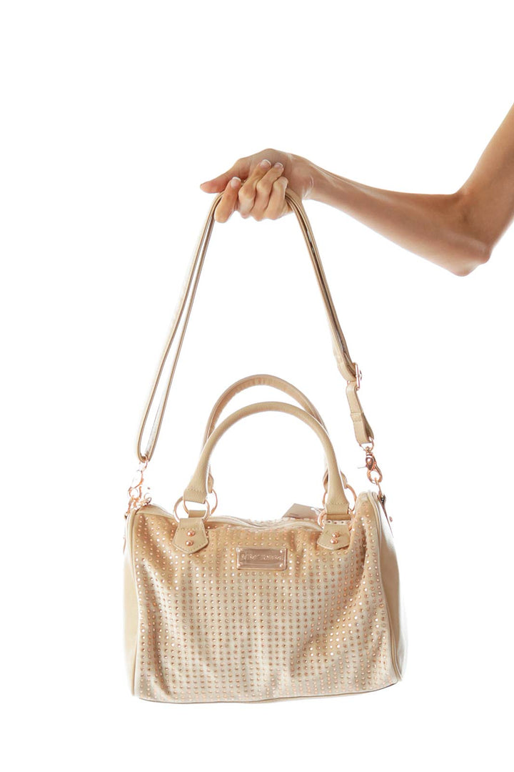 Beige Rhinestone Studded Satchel