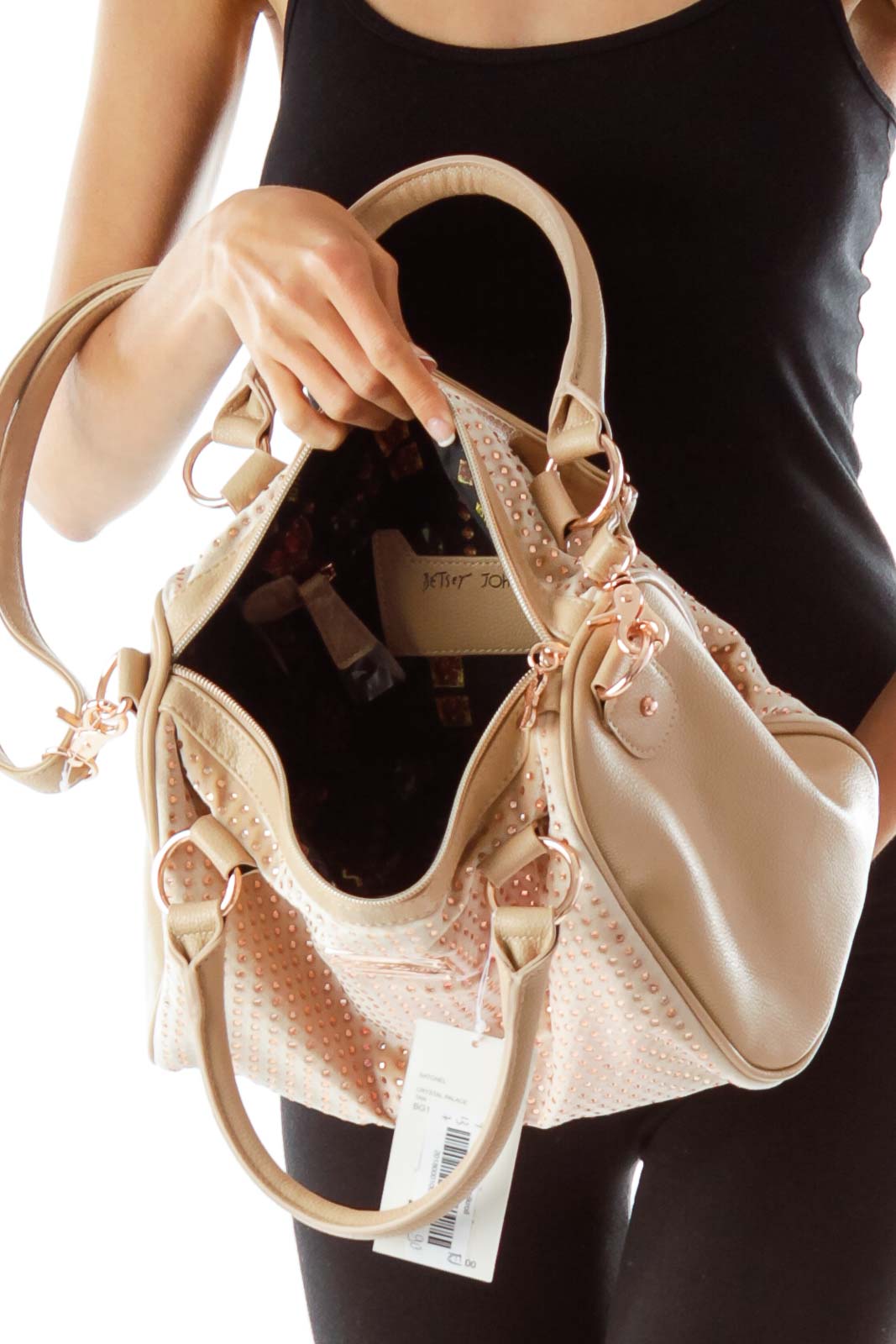 Beige Rhinestone Studded Satchel