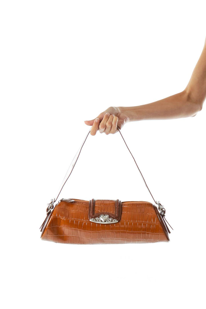 Brown Alligator Faux-Leather Shoulder Bag