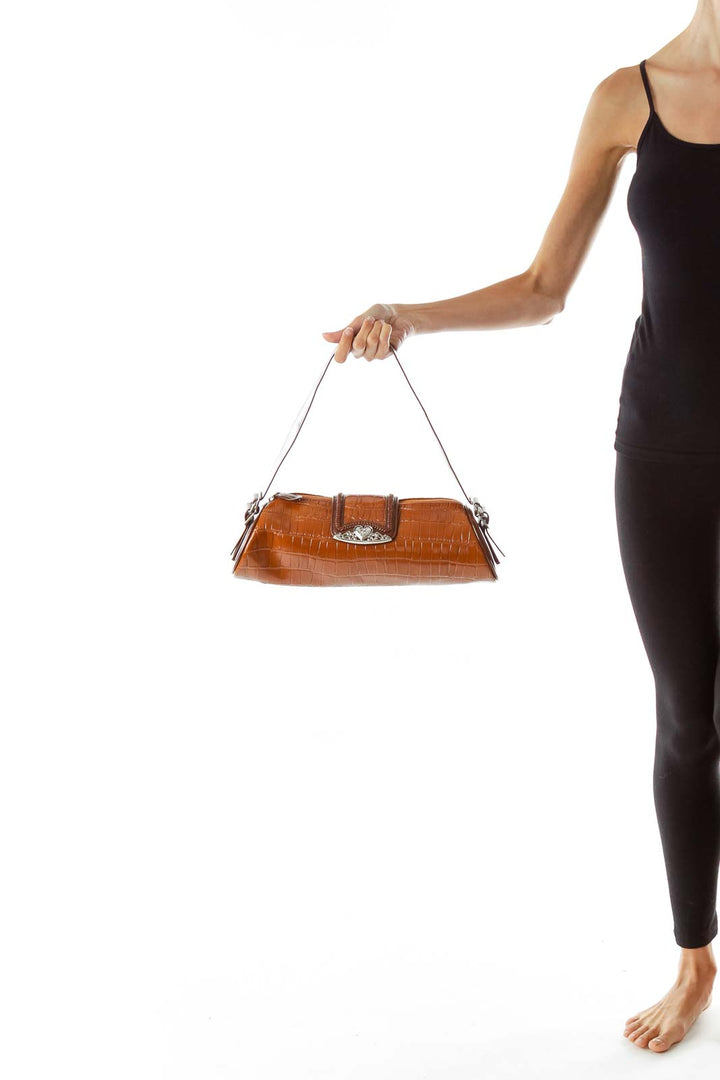 Brown Alligator Faux-Leather Shoulder Bag