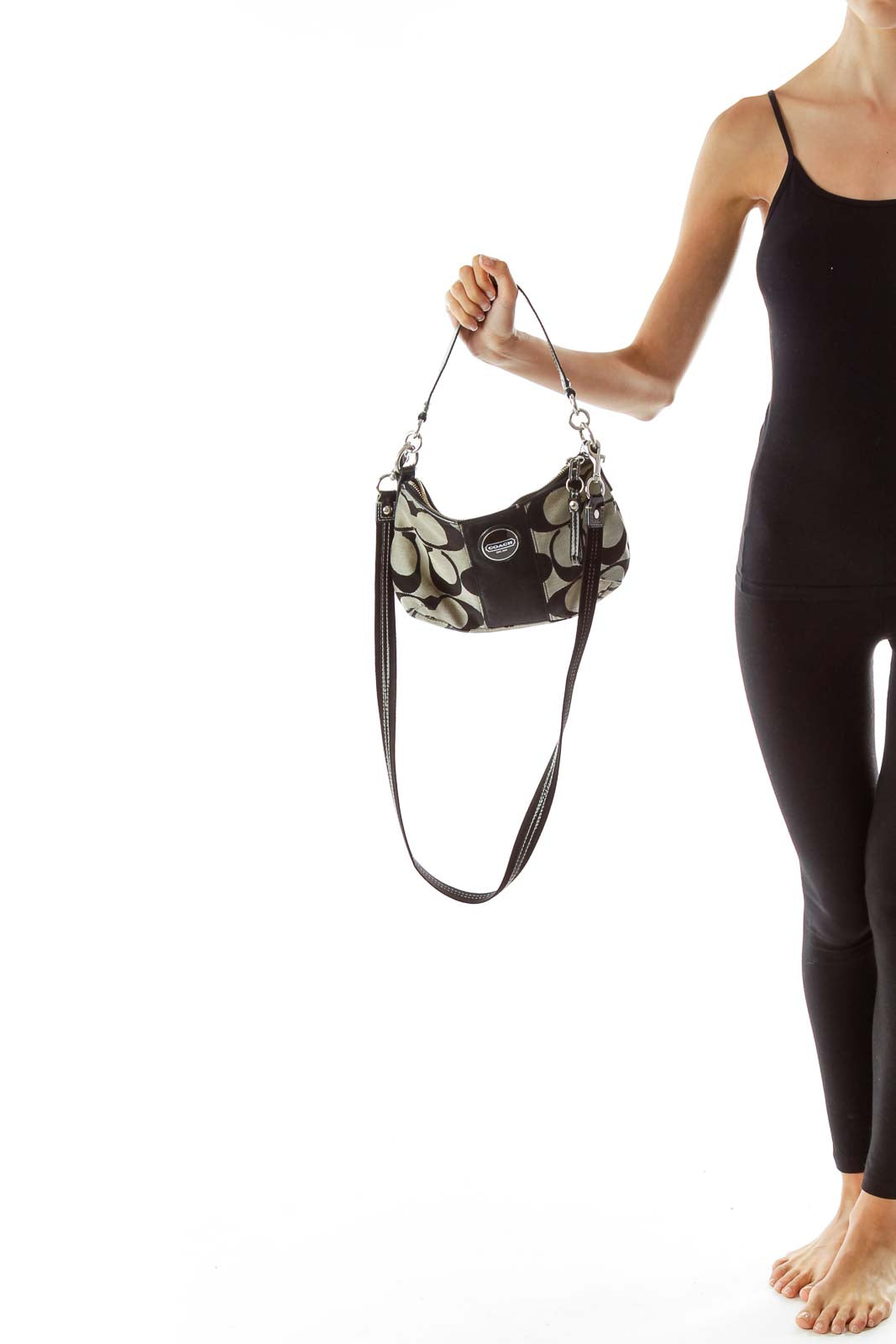 Black Beige Embroidered Shoulder Bag