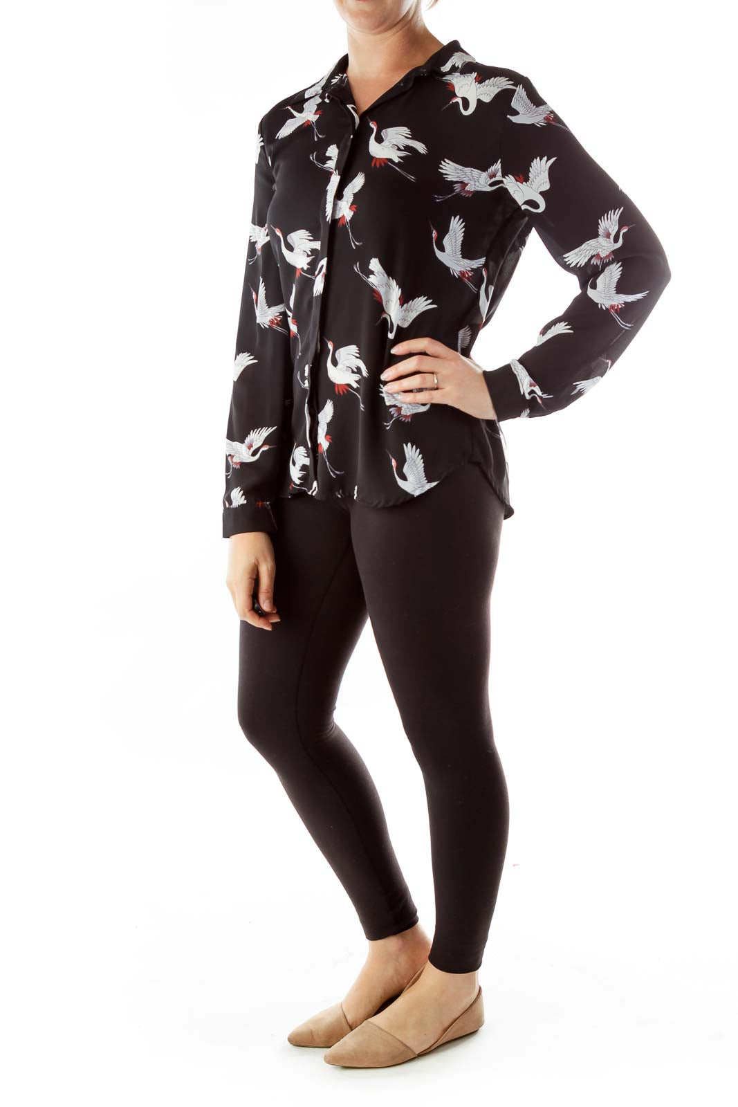 Black Bird Print Button-Up Blouse